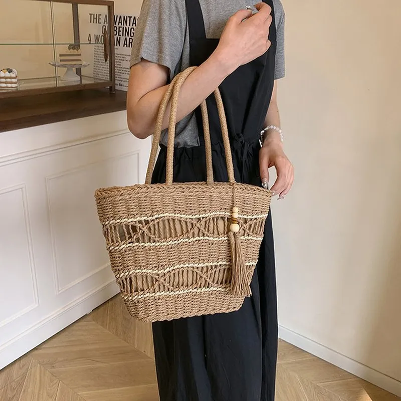 Tote Bag Beach - Hollow Woven Straw Shoulder Bag Handmade