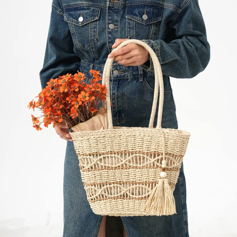 Tote Bag Beach - Hollow-Shoulder Straw Tote Bag Handwoven Vegetable