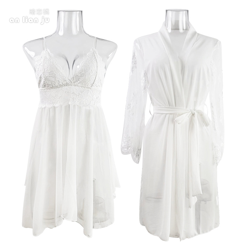 Women White Nightwear Set Flor - Kimono Sheer Floral reseña y precio
