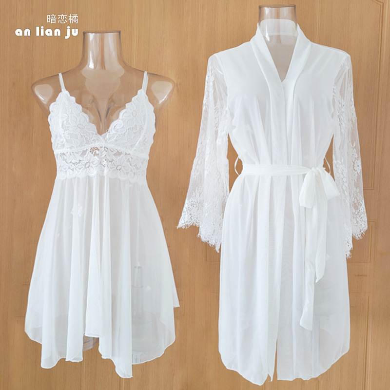 Women White Nightwear Set Flor - Kimono Sheer Floral reseña y precio