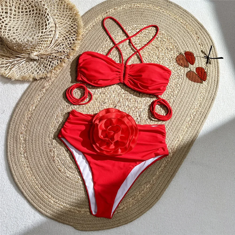 Sexy Red 3D Flower Swimwear Ha - Swimsuit Bikini Ruched reseña y precio