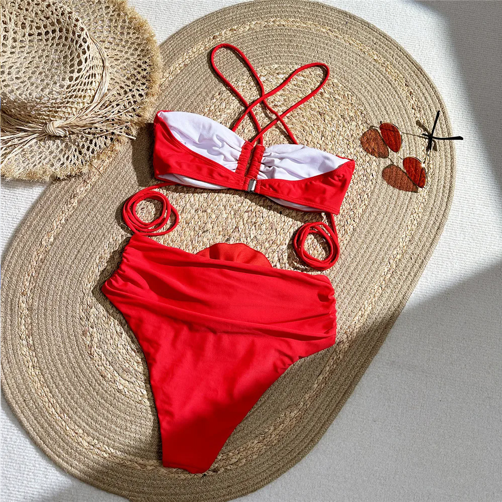 Sexy Red 3D Flower Swimwear Ha - Swimsuit Bikini Ruched reseña y precio