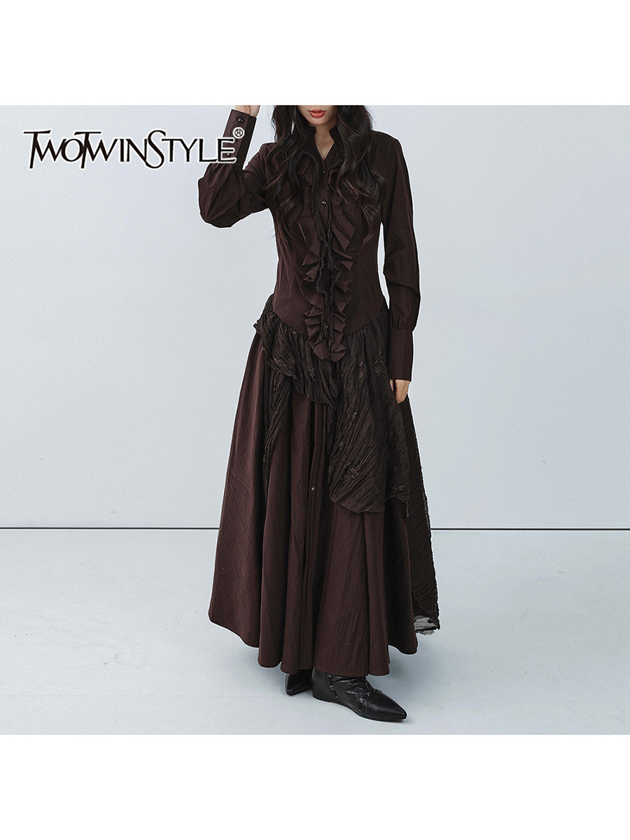TWOTWINSTYLE Brown Spliced Fol - Linen Dress Wrap reseña y precio