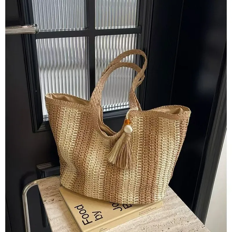 Striped woven straw tote bag f - Tote Bag Beach reseña y precio