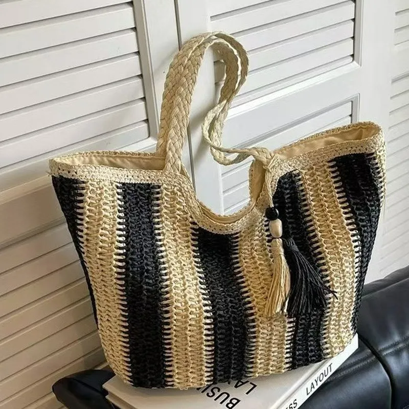 Striped woven straw tote bag f - Tote Bag Beach reseña y precio