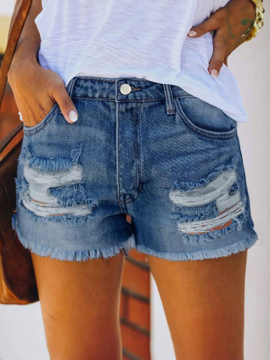 Mid Waist Washed Denim Shorts  - Shorts Denim Frayed reseña y precio