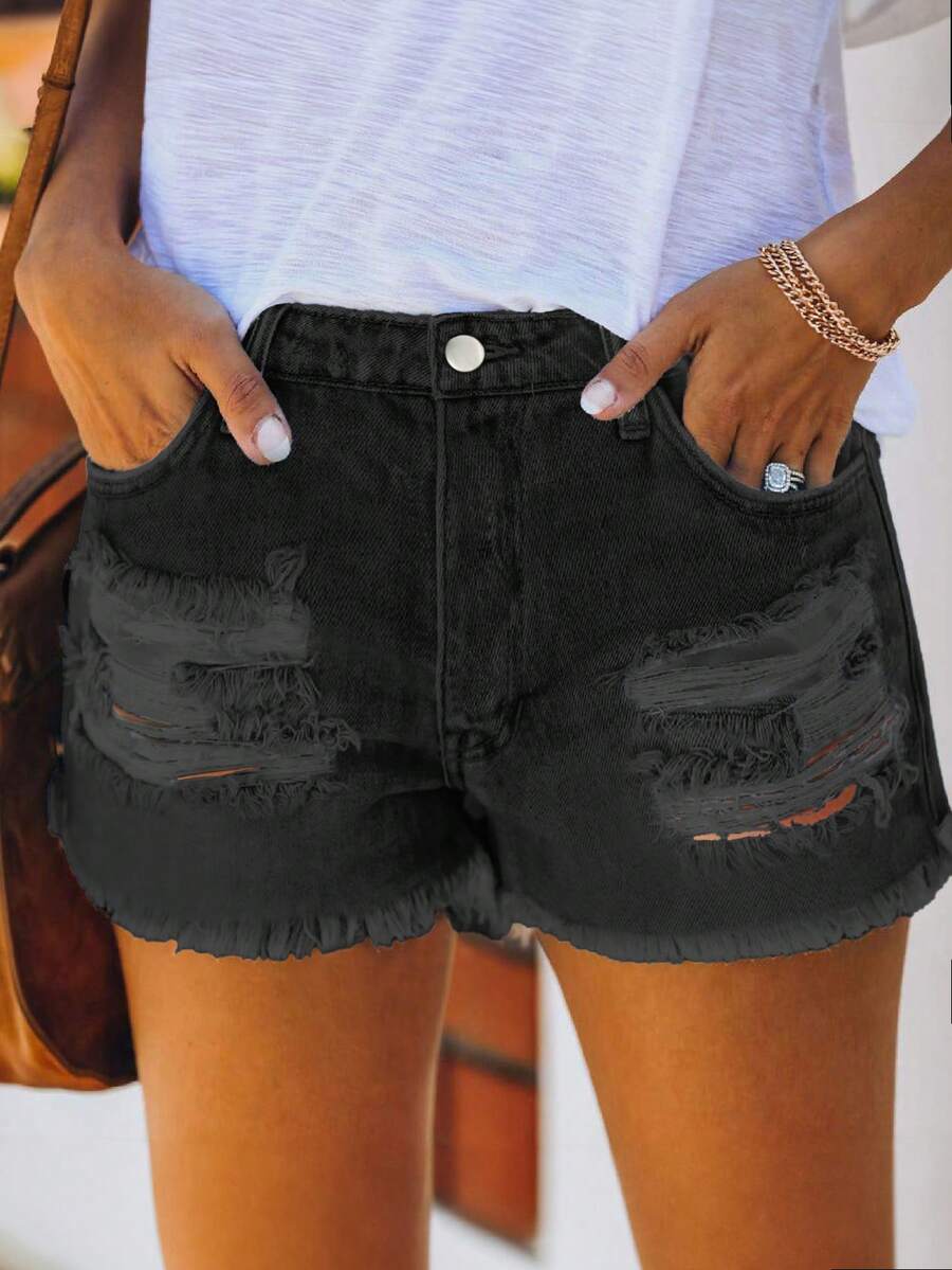 Mid Waist Washed Denim Shorts  - Shorts Denim Frayed reseña y precio
