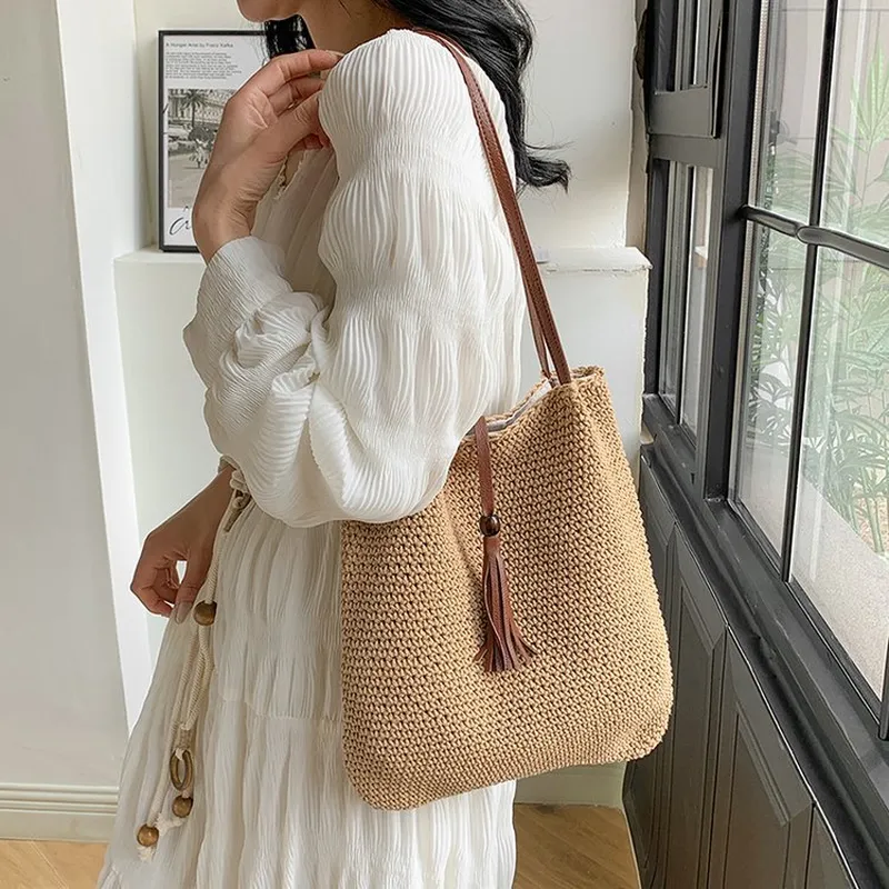 Tassel straw woven tote bag ha - Tote Bag Beach reseña y precio