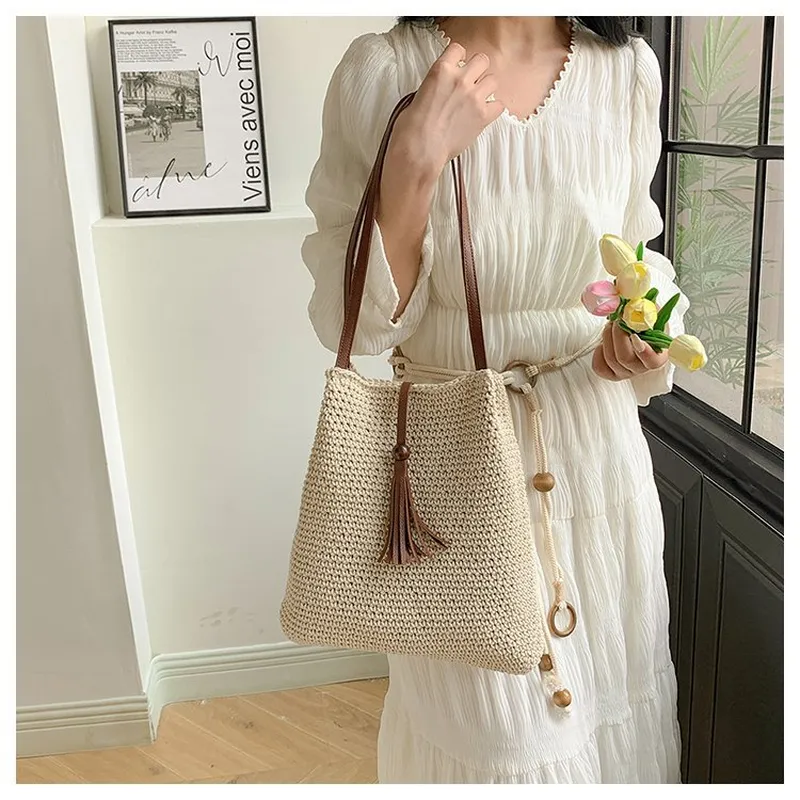 Tassel straw woven tote bag ha - Tote Bag Beach reseña y precio