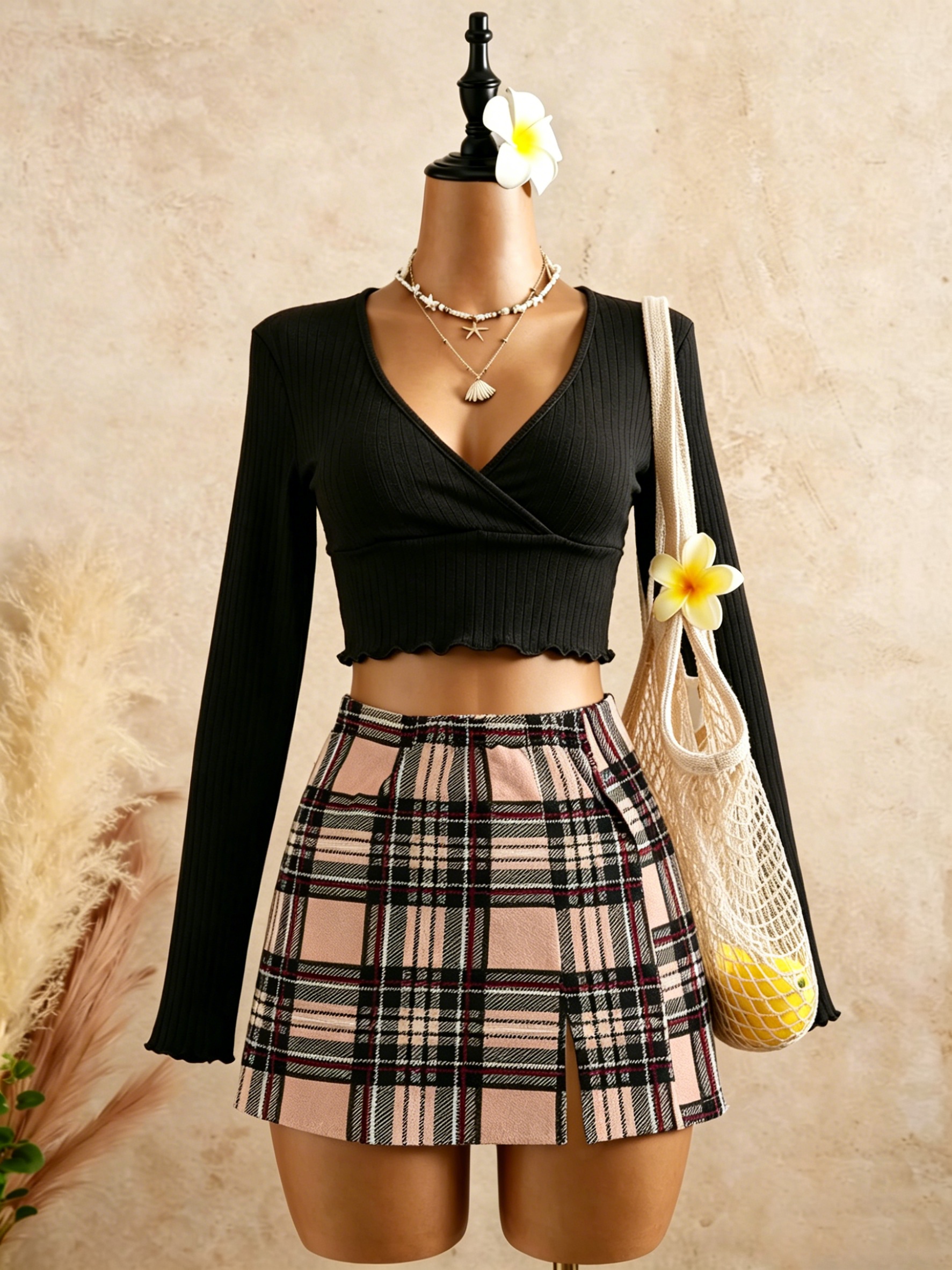 Women Black Wrap V Neck Ruffle - Crop Top Crochet reseña y precio