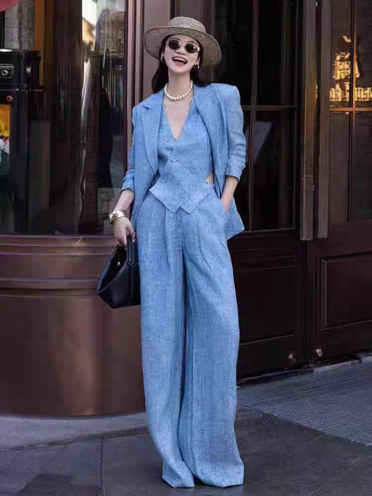 Blue Linen Fashion Set Women's - Linen Pant Wide reseña y precio