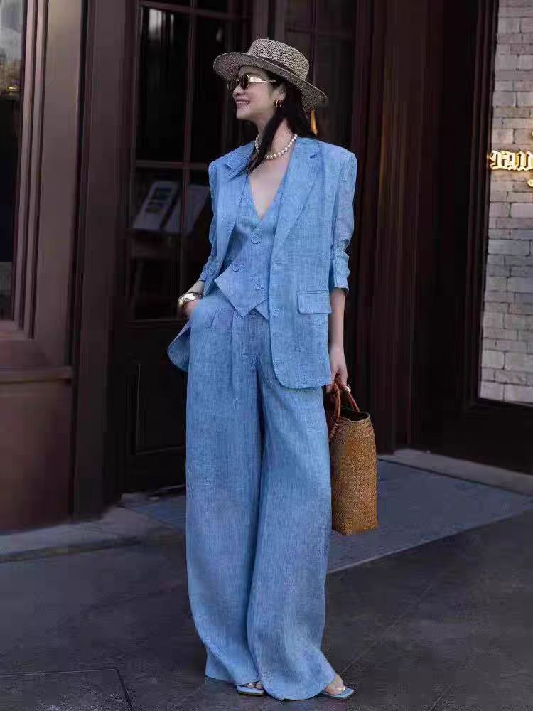 Blue Linen Fashion Set Women's - Linen Pant Wide reseña y precio