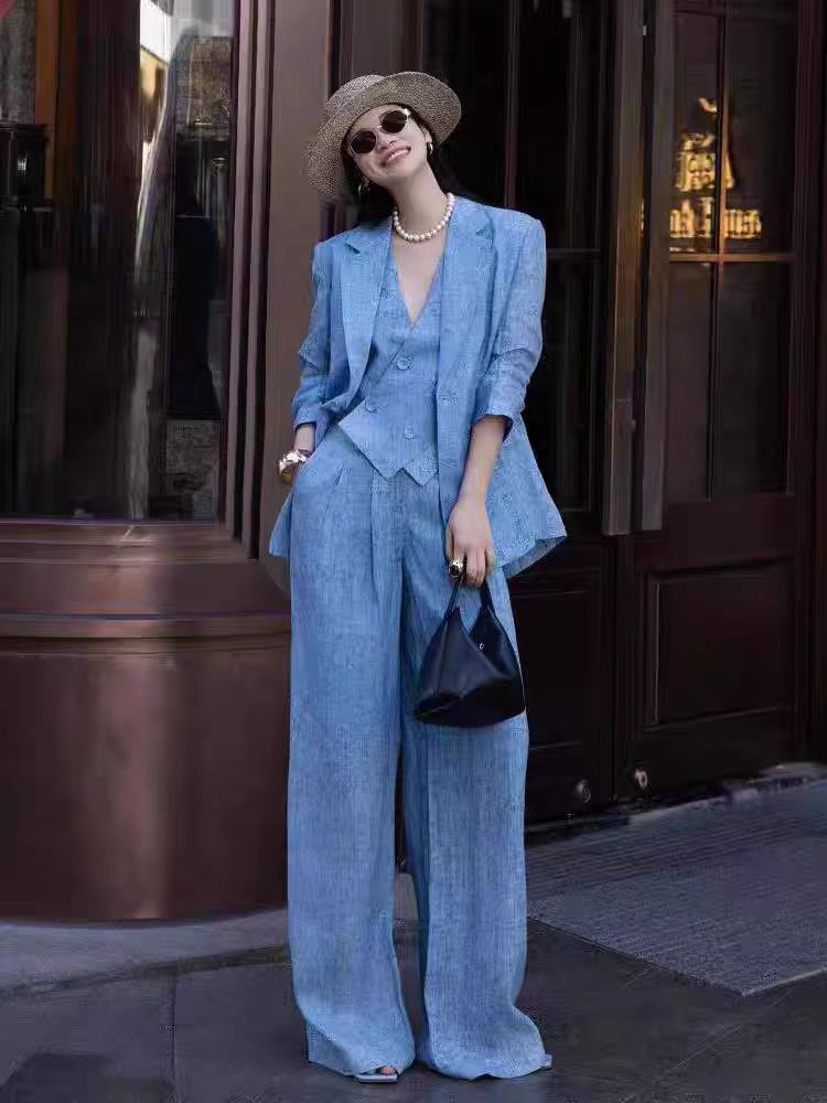 Blue Linen Fashion Set Women's - Linen Pant Wide reseña y precio