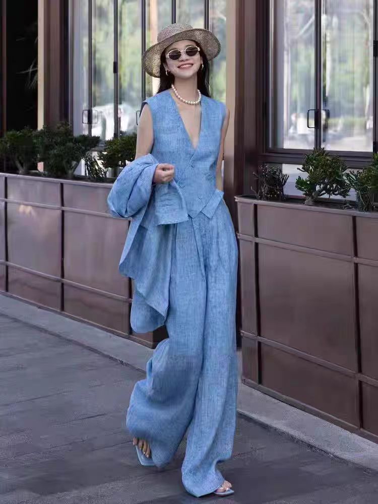 Blue Linen Fashion Set Women's - Linen Pant Wide reseña y precio